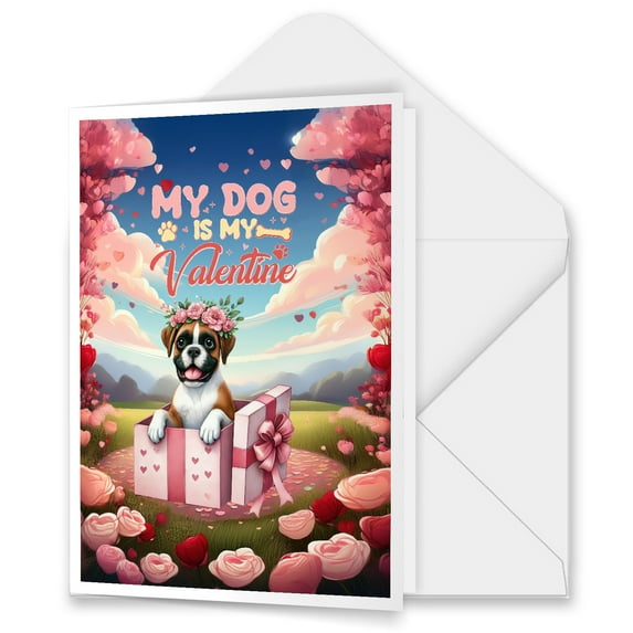My Dog Is My Valentine Cute Boxer in Gift Box 5x7in Folded Greeting Card Boxers Dog Lover Gifts Idea Single Note Card with Envelope - 03006