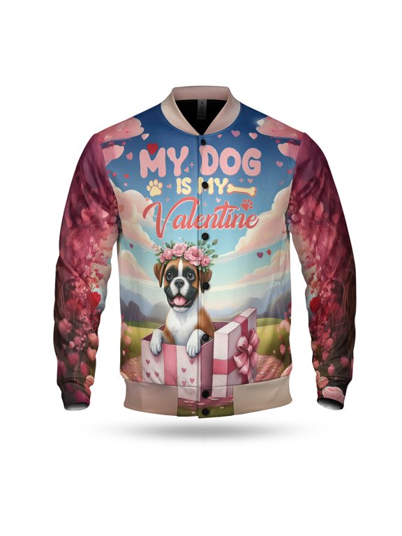 My Dog Is My Valentine Cute Boxer in Gift Box All Over Print 3D Baseball Jacket Boxers Dog Lover Gifts Idea Bomber Jacket Softball - 3006