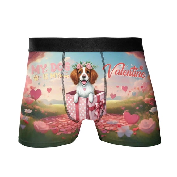 My Dog Is My Valentine Cute Brittany Spaniel in Gift Box All Over Print Boxer Briefs Underwear for Men Dad Brittany Dog Lover Gifts Idea - 03006
