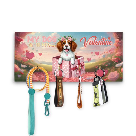 My Dog Is My Valentine Cute Brittany Spaniel in Gift Box Wood Key Holder Brittany Dog Lover Gifts Idea Wall-mounted Key Rack Home Decor - 03006