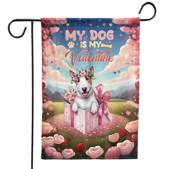 My Dog Is My Valentine Cute Bull Terrier in Gift Box Garden Flag 12x18in Double Sided Bully Dog Lovers Gifts Idea Outdoor Decor - 3006