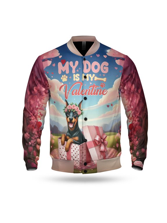My Dog Is My Valentine Cute Doberman Pinscher in Gift Box All Over Print 3D Baseball Jacket Doberman Dog Lover Gifts Bomber Jacket Softball - 3006