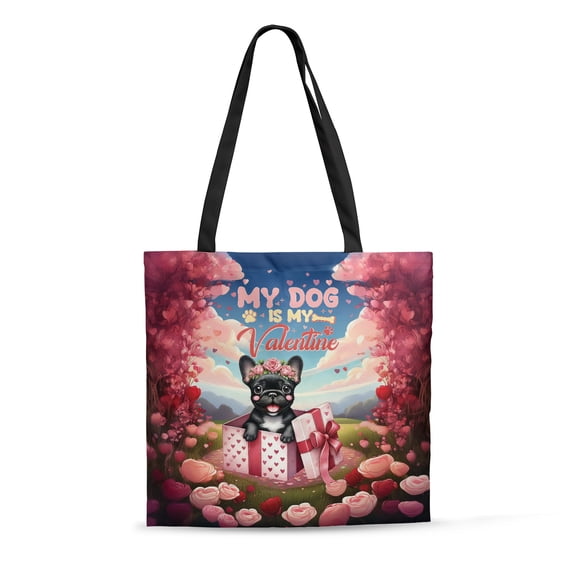 My Dog Is My Valentine Cute French Bulldog in Gift Box All Over Print 3D Canvas Tote Bag Dog Lover Gifts Reusable Handbag - 3006