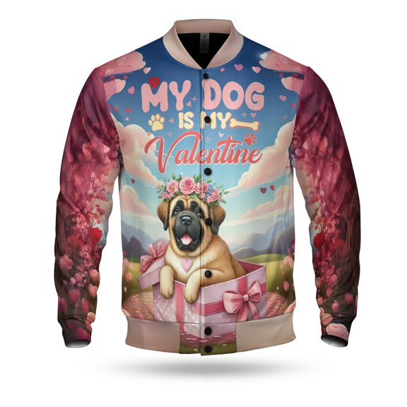 My Dog Is My Valentine Cute Mastiff in Gift Box All Over Print 3D Baseball Jacket Mastiffs Dog Lover Gifts Idea Bomber Jacket Softball - 3006