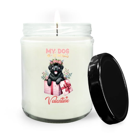 My Dog Is My Valentine Cute Newfoundland in Gift Box Soy Wax Candle Newfie Dog Lover Gifts 16oz White Vanilla Candle - 03006