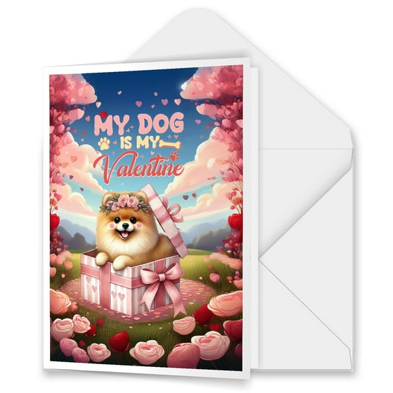 My Dog Is My Valentine Cute Pomeranian in Gift Box 5x7in Folded Greeting Card Pom Dog Lover Gifts Single Note Card with Envelope - 03006