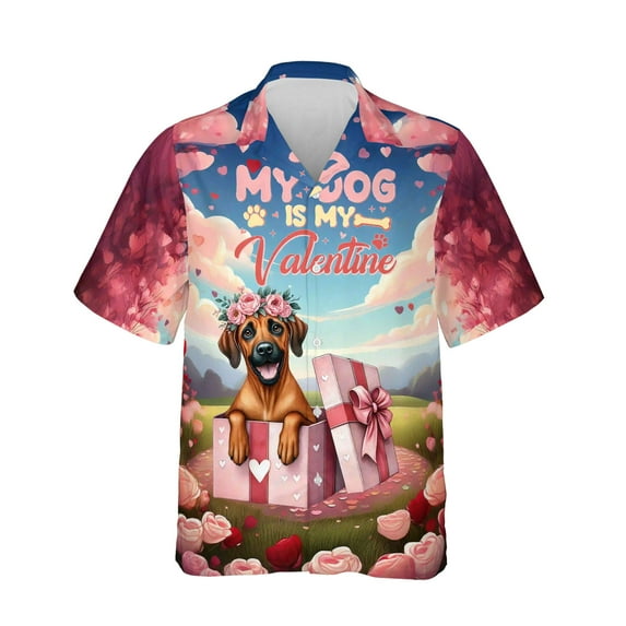 My Dog Is My Valentine Cute Rhodesian Ridgeback in Gift Box Hawaiian Shirt Breathable Summer Unisex Merch Ridgebacks Dog Lover Gifts - 03006