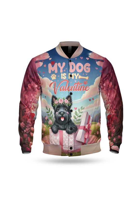 My Dog Is My Valentine Cute Scottish Terrier in Gift Box All Over Print 3D Baseball Jacket Scottie Dog Lover Gifts Bomber Jacket Softball - 3006