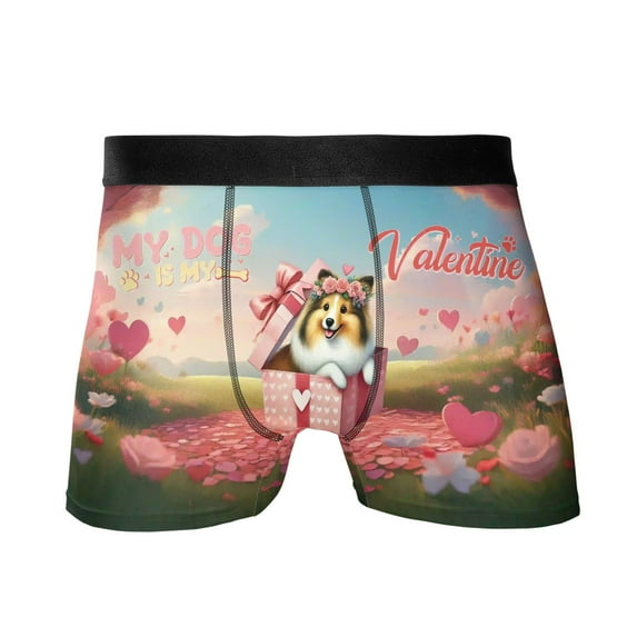 My Dog Is My Valentine Cute Shetland Sheepdog in Gift Box All Over Print Boxer Briefs Underwear for Men Dad Sheltie Dog Lover Gifts - 03006