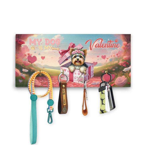 My Dog Is My Valentine Cute Yorkshire Terrier in Gift Box Wood Key Holder Yorkie Dog Lover Gifts Wall-mounted Key Rack Home Decor - 03006
