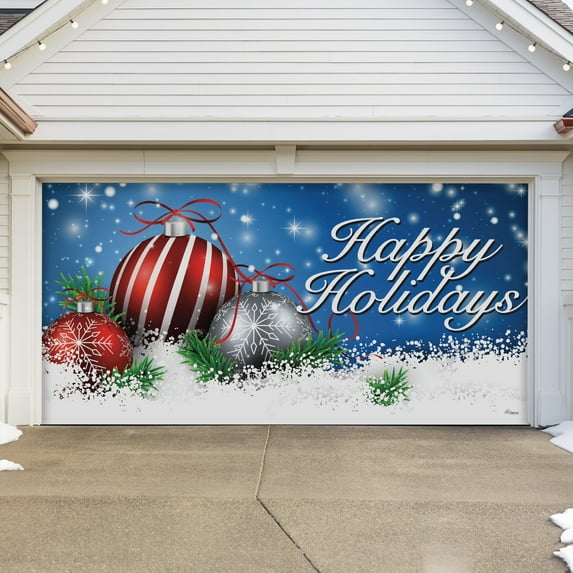 7' x 16' Enchanting Ornaments in the Snow Christmas Double Garage Door Banner - Magical Holiday Décor