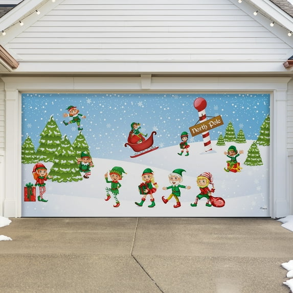 7' x 16' Magical North Pole Elves Christmas Double Garage Door Banner - Playful Holiday Décor
