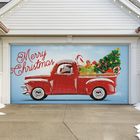 7' x 16' Red Truck Christmas Tree Double Garage Door Banner - Classic Holiday Cheer Décor