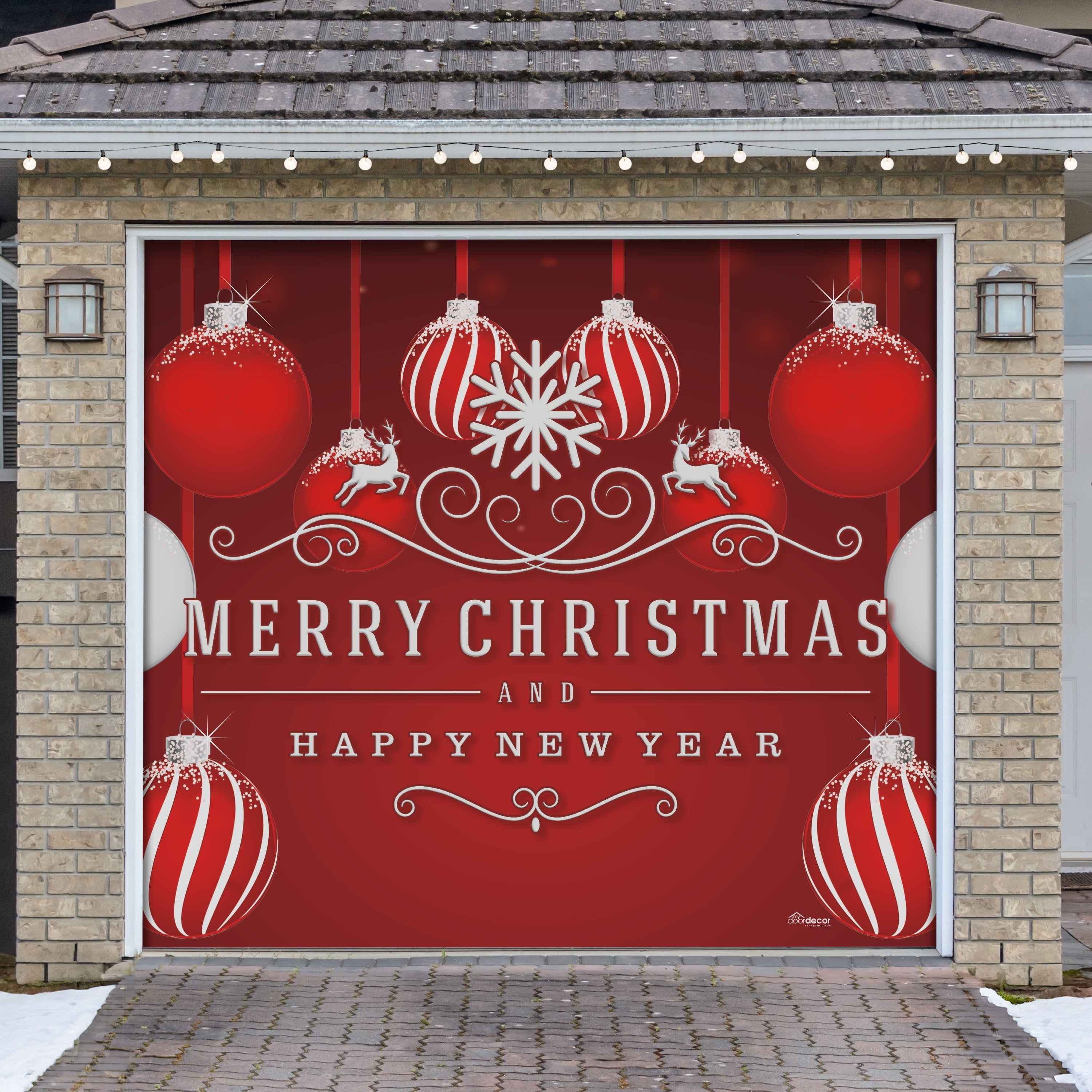 7' x 8' Timeless Red and White Ornaments Christmas Single Garage Door Banner - Elegant Holiday Décor