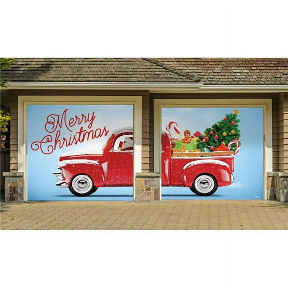 My Door Decor 285901XMAS-028 7 x 8 ft. Red Truck Christmas Christmas Door Mural Sign Split Car Garage Banner Decor, Multi Color