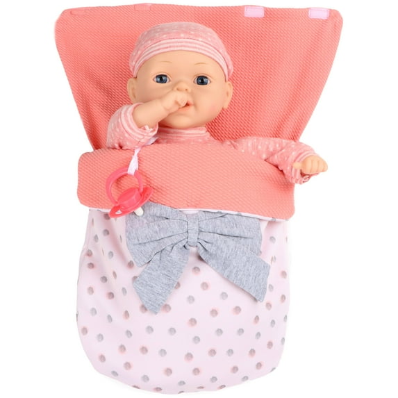 Dream Collection: My Dream Baby - 13" Bunting Baby Doll - Peachy Pink-Gray Outfit, Soft Sleeping Bag, Toy Pacifier, Hard Body, Nap Time Play, Kids 2+