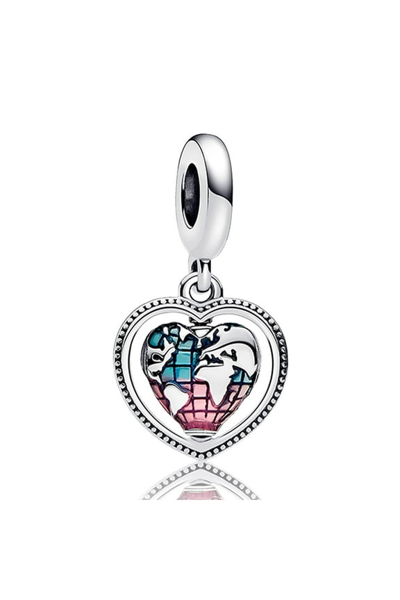 My Family Spinning Heart Globe Dangle Charm for Women Moment Bracelet Necklace Pendant