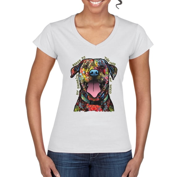 My Favorite Breed is The One In Need | Colorful Labrador Dog | Dean Russo Art Animal Lover Women’s Standard V-Neck Tee, White, XL