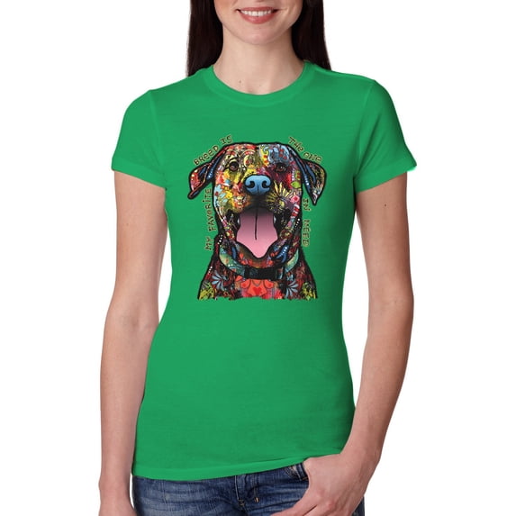 My Favorite Breed is The One In Need | Colorful Labrador Dog | Dean Russo Art Animal Lover Womens Slim Fit Junior Tee, Kelly, M