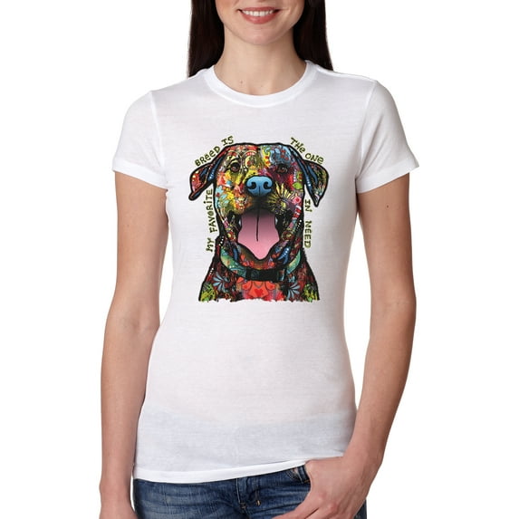 My Favorite Breed is The One In Need | Colorful Labrador Dog | Dean Russo Art Animal Lover Womens Slim Fit Junior Tee, White, 2XL