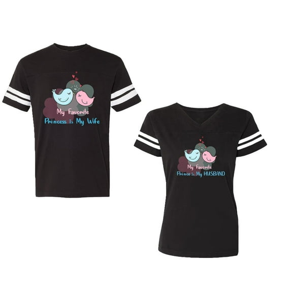 My Favorite Prince Princess Is My Husband Wife Unisex Couple Matching Cotton Jersey style T-Shirt Contrasting stripes on sleeves (Men Black / Women Black) (Men XXL / Women XXL)