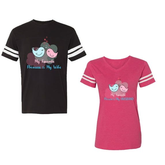 My Favorite Prince Princess Is My Husband Wife Unisex Couple Matching Cotton Jersey style T-Shirt Contrasting stripes on sleeves (Men Black / Women Pink) (Men S / Women L)