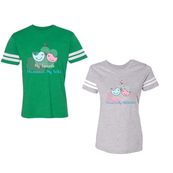 My Favorite Prince Princess Is My Husband Wife Unisex Couple Matching Cotton Jersey style T-Shirt Contrasting stripes on sleeves (Men Green / Women Heather) (Men S / Women M)