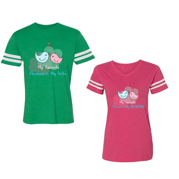 My Favorite Prince Princess Is My Husband Wife Unisex Couple Matching Cotton Jersey style T-Shirt Contrasting stripes on sleeves (Men Green / Women Pink) (Men XL / Women XL)