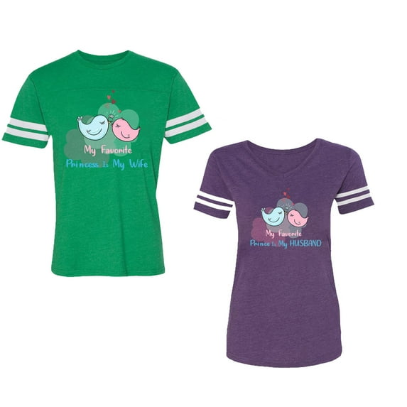 My Favorite Prince Princess Is My Husband Wife Unisex Couple Matching Cotton Jersey style T-Shirt Contrasting stripes on sleeves (Men Green / Women Purple) (Men XL / Women M)