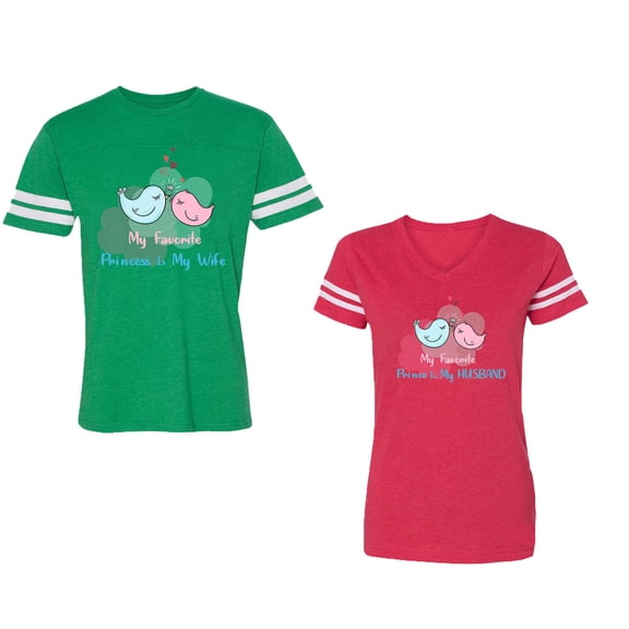 My Favorite Prince Princess Is My Husband Wife Unisex Couple Matching Cotton Jersey style T-Shirt Contrasting stripes on sleeves (Men Green / Women Red) (Men S / Women L)