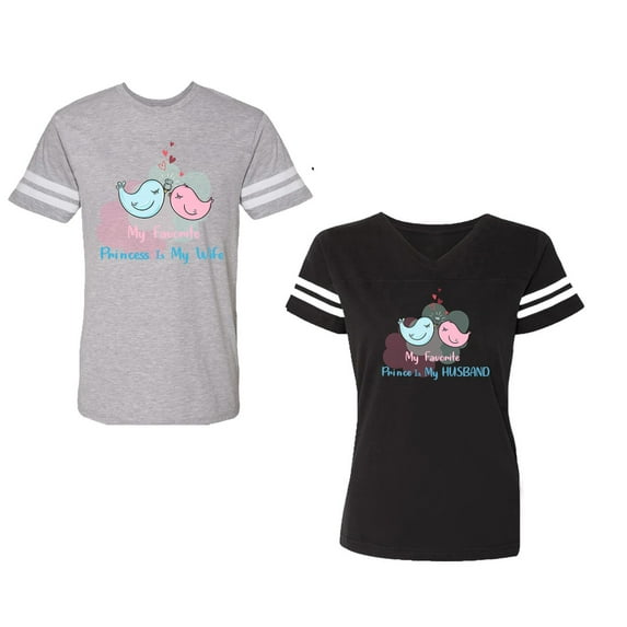 My Favorite Prince Princess Is My Husband Wife Unisex Couple Matching Cotton Jersey style T-Shirt Contrasting stripes on sleeves (Men Heather / Women Black) (Men XXXL / Women XXL)