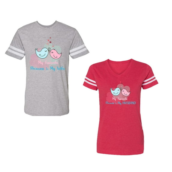 My Favorite Prince Princess Is My Husband Wife Unisex Couple Matching Cotton Jersey style T-Shirt Contrasting stripes on sleeves (Men Heather / Women Red) (Men L / Women XL)