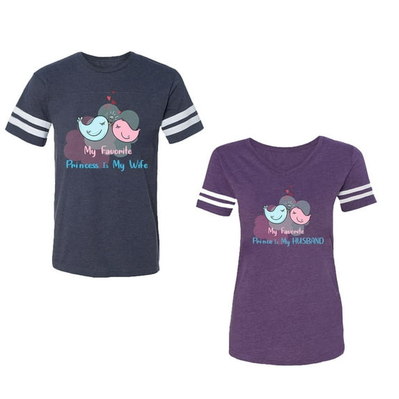 My Favorite Prince Princess Is My Husband Wife Unisex Couple Matching Cotton Jersey style T-Shirt Contrasting stripes on sleeves (Men Navy / Women Purple) (Men XXXL / Women XXL)