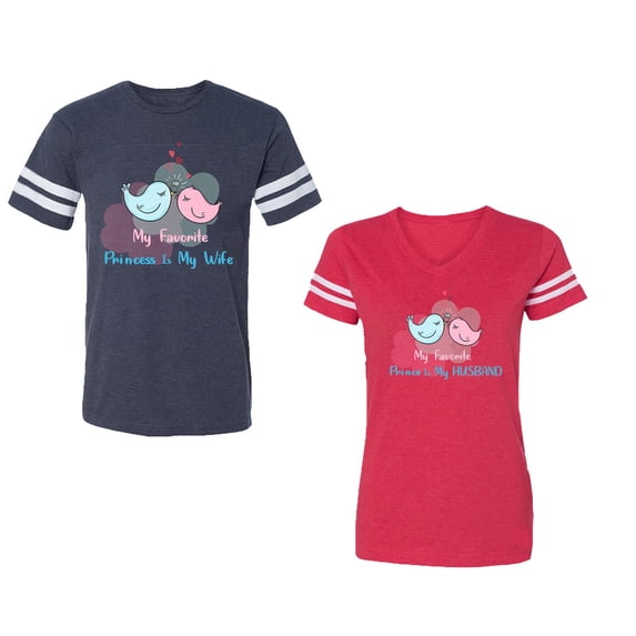 My Favorite Prince Princess Is My Husband Wife Unisex Couple Matching Cotton Jersey style T-Shirt Contrasting stripes on sleeves (Men Navy / Women Red) (Men S / Women L)