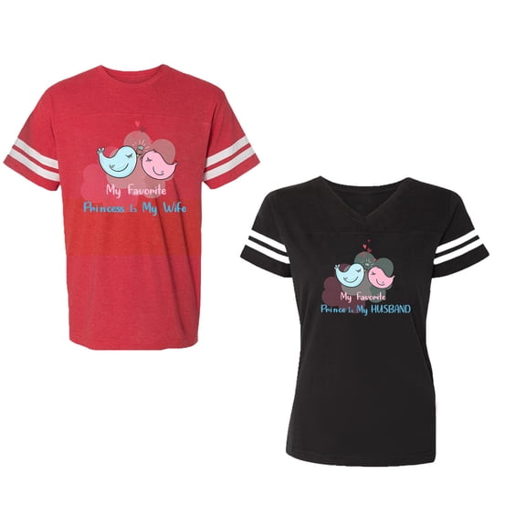 My Favorite Prince Princess Is My Husband Wife Unisex Couple Matching Cotton Jersey style T-Shirt Contrasting stripes on sleeves (Men Red / Women Black) (Men S / Women S)