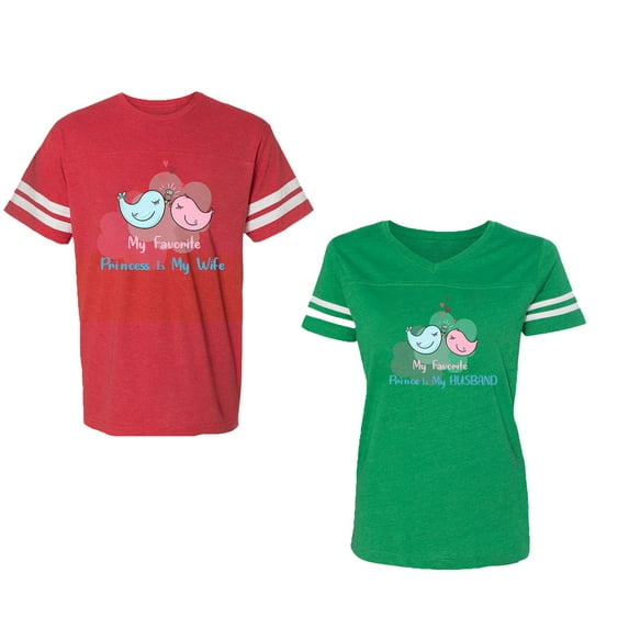 My Favorite Prince Princess Is My Husband Wife Unisex Couple Matching Cotton Jersey style T-Shirt Contrasting stripes on sleeves (Men Red / Women Green) (Men M / Women S)