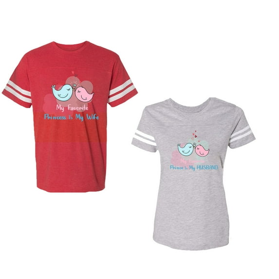 My Favorite Prince Princess Is My Husband Wife Unisex Couple Matching Cotton Jersey style T-Shirt Contrasting stripes on sleeves (Men Red / Women Heather) (Men XXL / Women M)