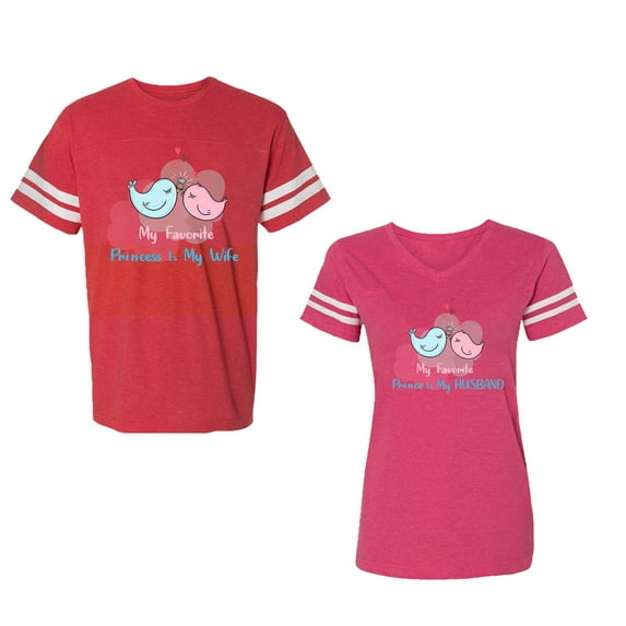 My Favorite Prince Princess Is My Husband Wife Unisex Couple Matching Cotton Jersey style T-Shirt Contrasting stripes on sleeves (Men Red / Women Pink) (Men XL / Women XL)