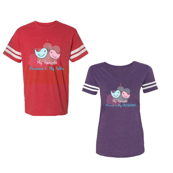 My Favorite Prince Princess Is My Husband Wife Unisex Couple Matching Cotton Jersey style T-Shirt Contrasting stripes on sleeves (Men Red / Women Purple) (Men L / Women XXL)