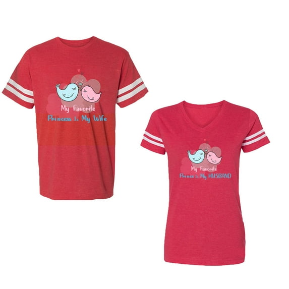 My Favorite Prince Princess Is My Husband Wife Unisex Couple Matching Cotton Jersey style T-Shirt Contrasting stripes on sleeves (Men Red / Women Red) (Men M / Women M)