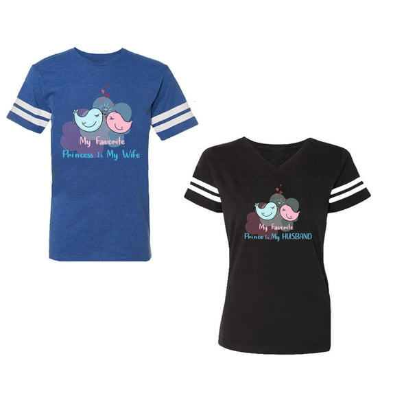 My Favorite Prince Princess Is My Husband Wife Unisex Couple Matching Cotton Jersey style T-Shirt Contrasting stripes on sleeves (Men Royal / Women Black) (Men XL / Women XXL)