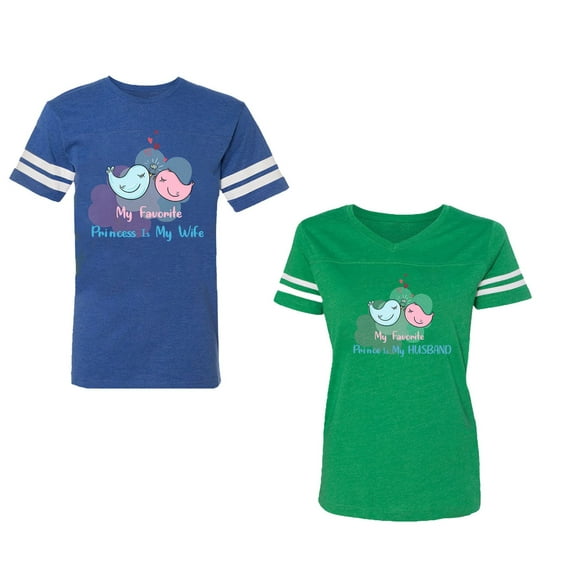My Favorite Prince Princess Is My Husband Wife Unisex Couple Matching Cotton Jersey style T-Shirt Contrasting stripes on sleeves (Men Royal / Women Green) (Men L / Women L)
