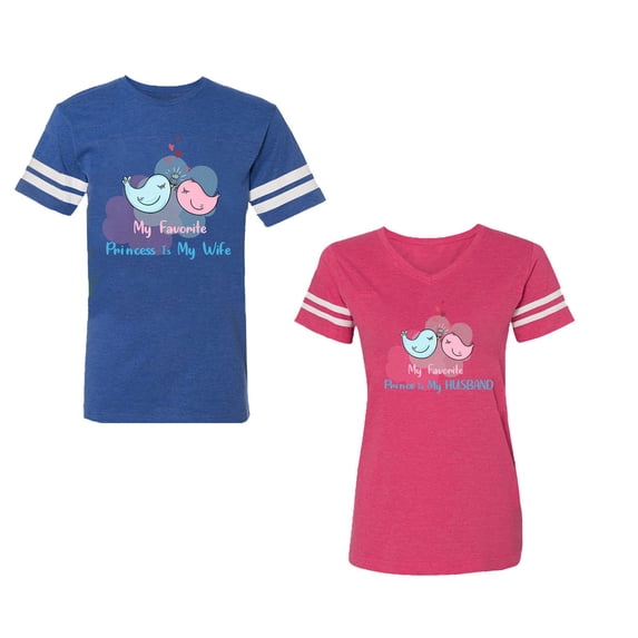 My Favorite Prince Princess Is My Husband Wife Unisex Couple Matching Cotton Jersey style T-Shirt Contrasting stripes on sleeves (Men Royal / Women Pink) (Men XXXL / Women XXL)