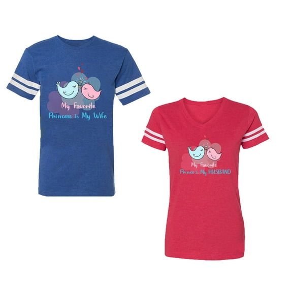 My Favorite Prince Princess Is My Husband Wife Unisex Couple Matching Cotton Jersey style T-Shirt Contrasting stripes on sleeves (Men Royal / Women Red) (Men S / Women XL)