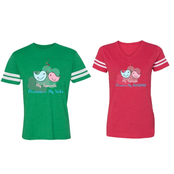My Favorite Prince Princess Is My Husband Wife Matching Couple Cotton Jerseys (Men Green / Women Red) (Men S / Women M)