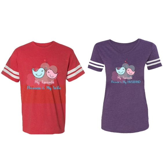 My Favorite Prince Princess Is My Husband Wife Matching Couple Cotton Jerseys (Men Red / Women Purple) (Men XL / Women L)