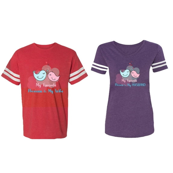 My Favorite Prince Princess Is My Husband Wife Matching Couple Cotton Jerseys (Men Red / Women Purple) (Men XXL / Women L)