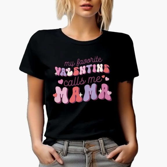 My Favorite Valentine Calls Me Mama, Retro Groovy Wavy Text Valentine's Day Gift, Black T-Shirt, Small