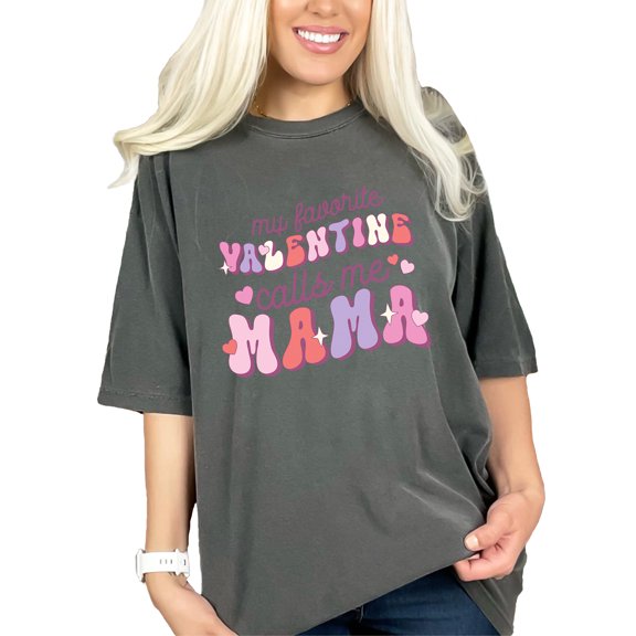 My Favorite Valentine Calls Me Mama, Retro Groovy Wavy Text Valentine's Day, Pepper Comfort Colors T-Shirt, Medium