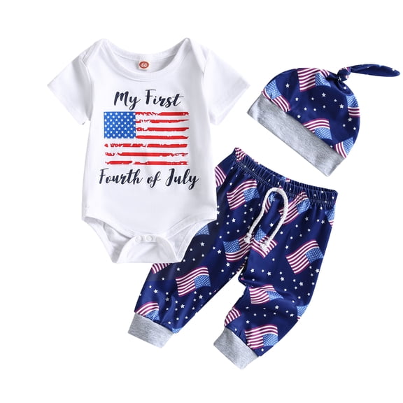My First 4th of July Baby Boy Outfit 3M 6M 12M Newborn Short Sleeve Onesie Romper American Flag Long Pants Hat Set